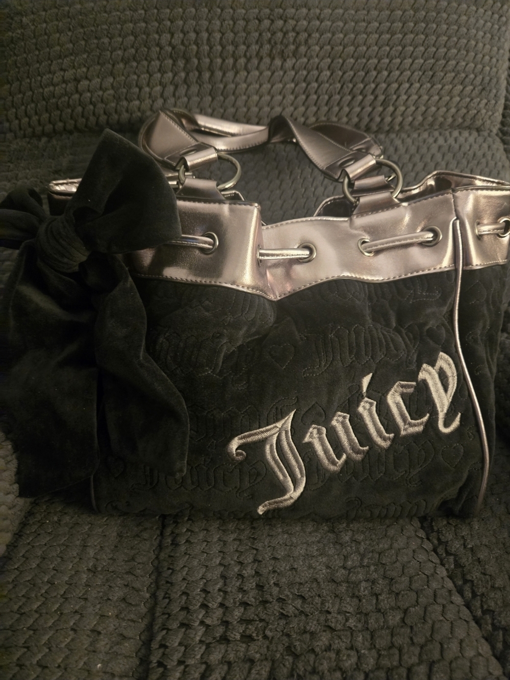 Juicy Couture Black Velvet Shoulder Bag with Metallic Silver Trim and Bow Accent